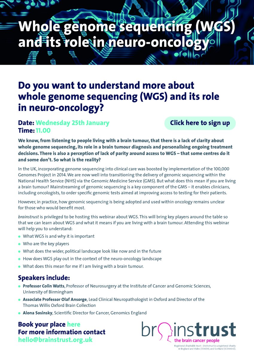 Colin Watts (@profcwatts) on Twitter photo Do you want to understand more about whole genome sequencing (WGS) and its role in neuro-oncology? Join us online at 11.00am on 25th January when I will be speaking at this webinar hosted by <a href="/brainstrust/">brainstrust</a> Do you want to understand more about whole genome sequencing (WGS) and its role in neuro-oncology? Join us online at 11.00am on 25th January when I will be speaking at this webinar hosted by <a href="/brainstrust/">brainstrust</a>