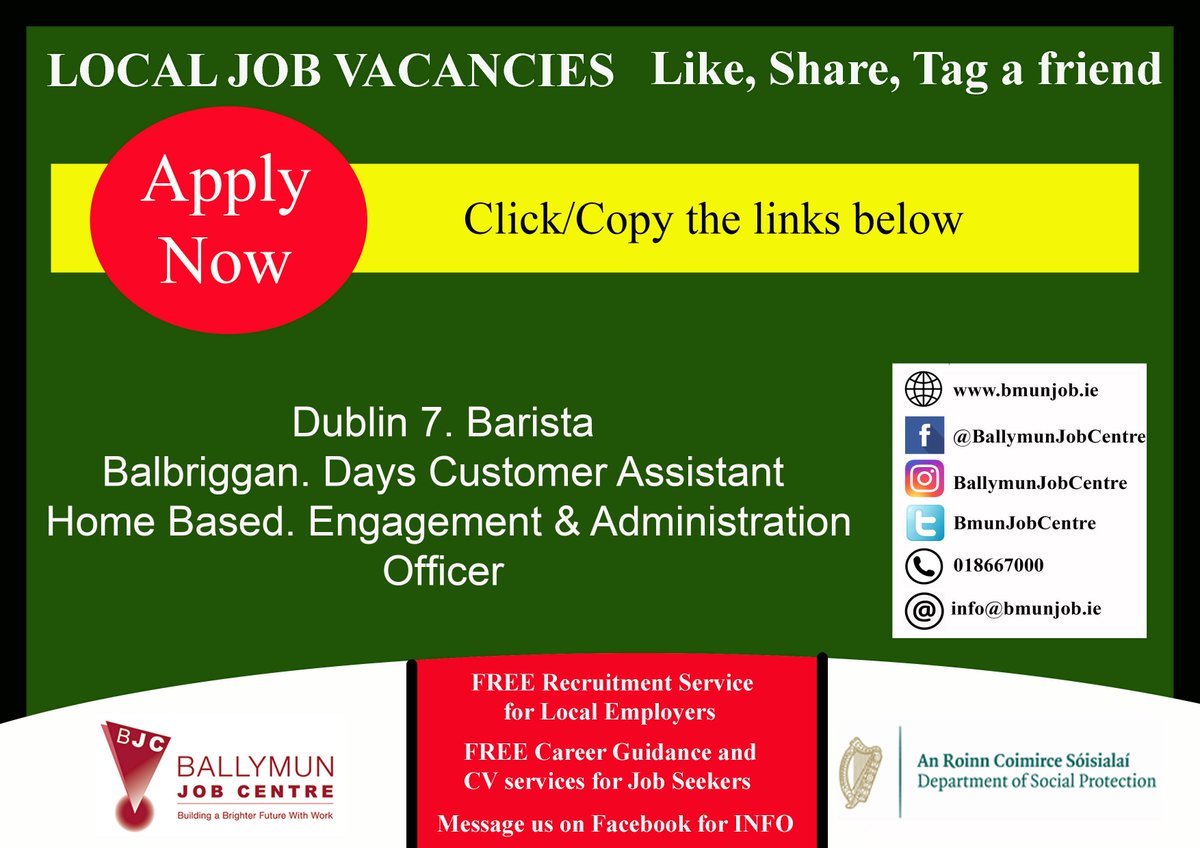 👉 Visit us at: Bmunjob.ie

Vacancies #bjc #jobfairy #dublinjob
Dublin 7. Barista
is.gd/wD3OIh 
Balbriggan. Days Customer Assistant
roi.tesco-careers.com/jobdetails/785… 
Home Based. Engagement & Administration Officer
is.gd/5Q5Pwm
