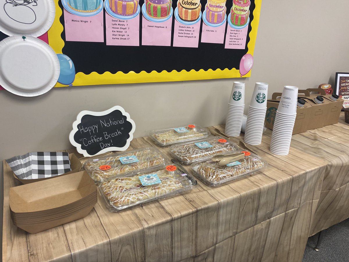 KristenJones47's tweet photo. Truly enjoy celebrating the Charles Elementary School staff and how hard they work each week!  It’s National “coffee break “day so we brought in different coffee cakes and Starbucks coffee.@steve_jones52 @allin4RCSkids https://t.co/xaj3PLIxC4