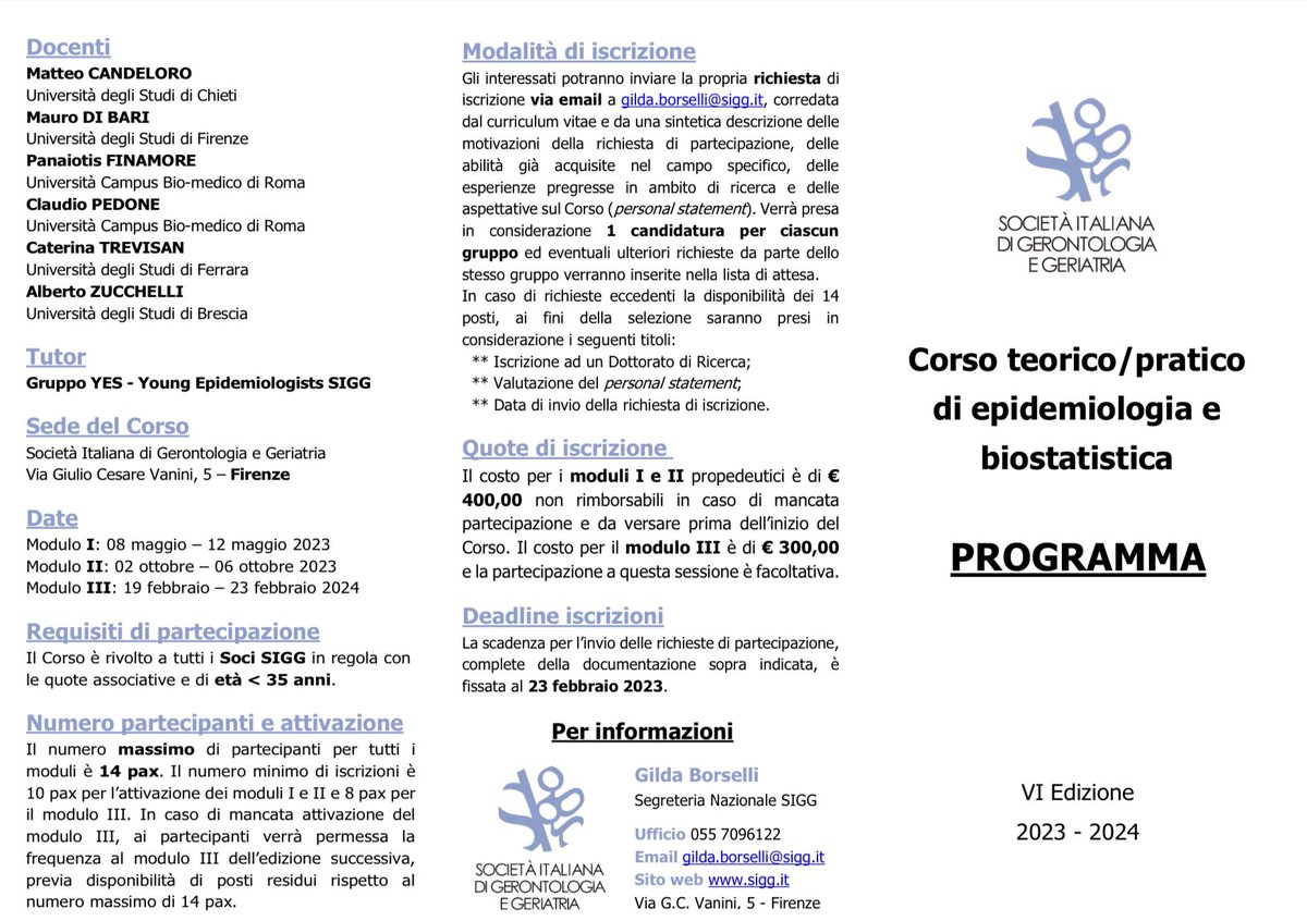 GeriSocITA's tweet photo. Sono aperte le iscrizioni per la VI Edizione 2023/2024 del #Corso teorico/pratico di Epidemiologia e Biostatistica #SIGG.
Disponibili termini di iscrizione e programma. Maggiori informazioni sul sito https://t.co/kV086AiOI6
#Geriatrics #YESgroup #Statistic #Epidemiology #data https://t.co/Q8IdNmxQpM