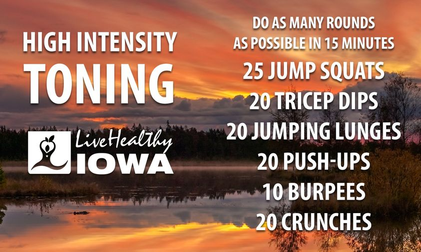 #fitnessFriday You have 15 minutes to crank up the intesity, and get ready for the weekend!!!
#LiveHealthyIowa #workout #intensity #squats #pushups #burpees