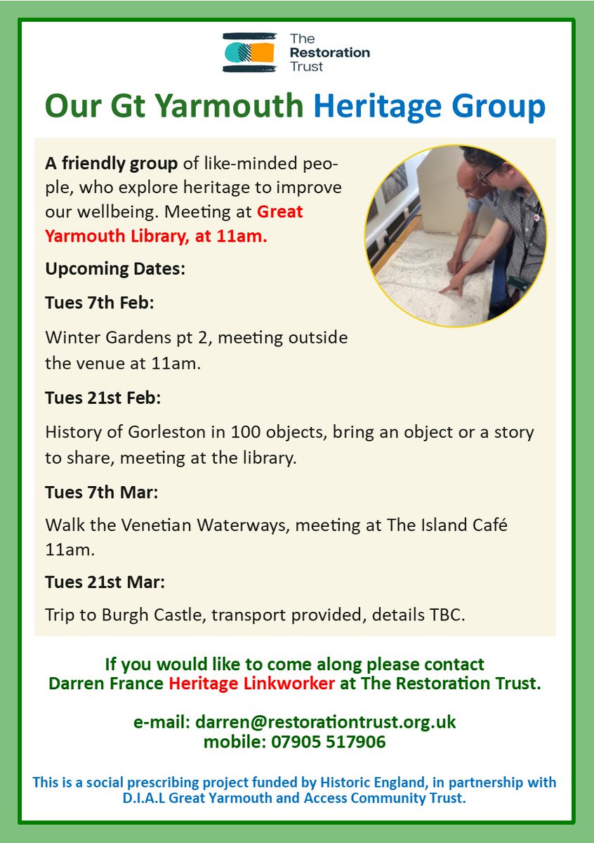 Our new programme of heritage for wellbeing activities, please get in touch with Darren if you would like more info @RestoTrust <a href="/DIALGtYarmouth/">DIAL Great Yarmouth</a> <a href="/NASPTweets/">The National Academy for Social Prescribing</a> <a href="/gorlestonpav/">Pavilion Theatre & Bandstand</a> <a href="/gritartslt/">The Grit: Lowestoft Centre for the Arts & Heritage</a> <a href="/access_ourwork/">Access Community Trust</a> <a href="/YarmouthLib/">Great Yarmouth Library - Norfolk County Council</a> <a href="/GorlestonLib/">Gorleston Library - Norfolk County Council</a> <a href="/lowestofthaz/">Lowestoft Heritage Action Zones</a> <a href="/ThinkLowestoft/">Think Lowestoft</a>