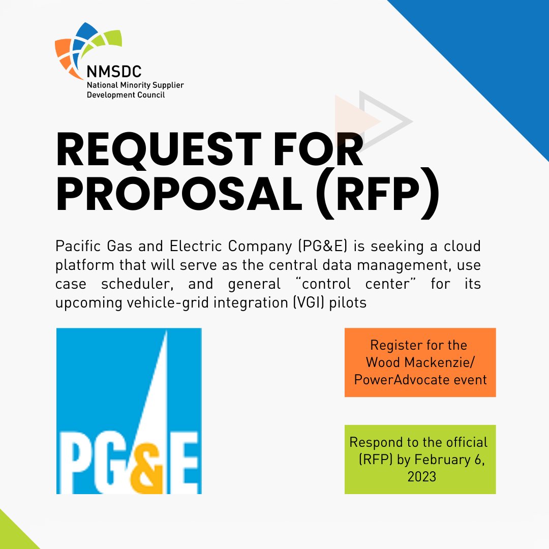 **REQUEST FOR PROPOSAL** pacificgasandelectric is Seeking Cloud Platform Provider for Vehicle Grid Integration Pilots.

You can learn more about this opportunity here: hubs.li/Q01yvJKz0 COA - RFP 138316 CET_VGI Pilots_revised.pdf 

#cloudplatform #RFP #gas #opportunities