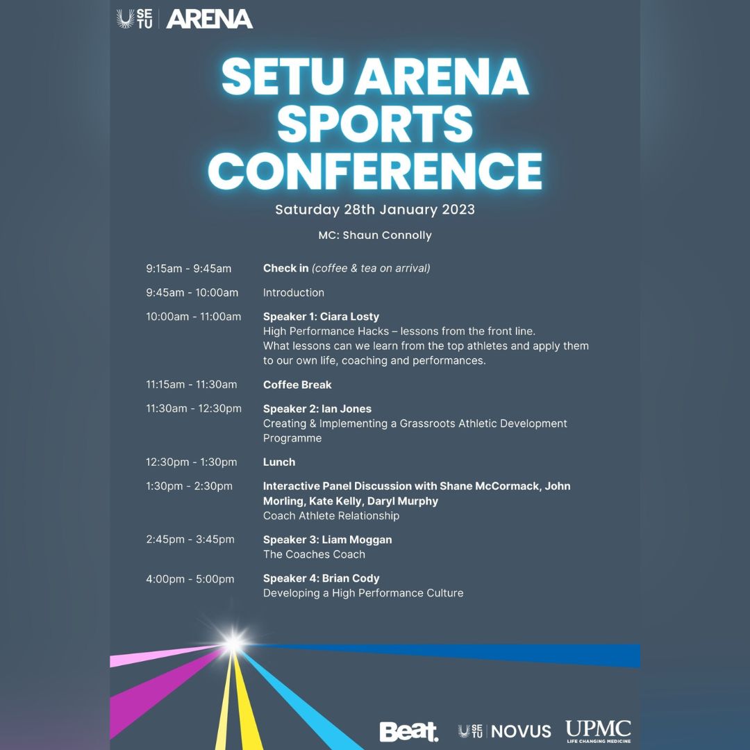 ArenaSETU's tweet photo. 🚨 1 WEEK TO GO! 🚨 
SETU Arena Sports Conference

📅 Saturday 28th January 2023 
⏰ 9.45am
📍 SETU Arena
🎟 Tickets https://t.co/g8QJVrtSfi 

An event not to be missed with a great line up of speakers!

#SETUArenaSportsConference https://t.co/Oe6oZRsdO6