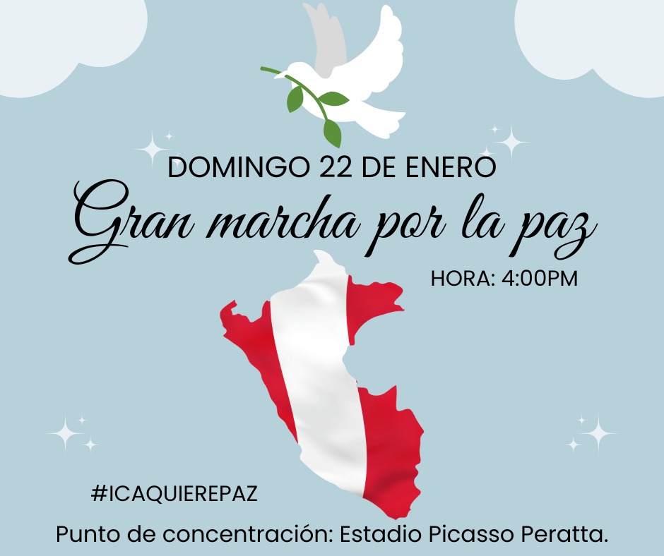 BELENGARCIAICA's tweet photo. Gran Marcha por la Paz, vamos todos a marchar, éste #Domingo_22 de Enero a las 4:00 pm
Punto de concentración: #Estadio Picasso Perata.
#ICA_TE_QUEREMOS_EN_PAZ!!!!!
#NO_A_LA_VIOLENCIA!!!!!
#NO_AL_VANDALISMO!!!!! https://t.co/sUHDfP6Icu