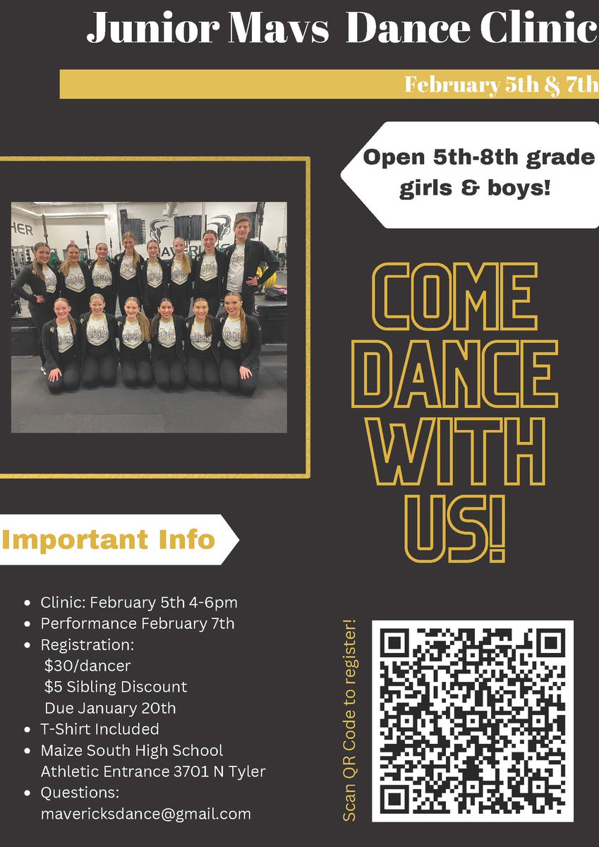 Today is the registration deadline for the Junior Mavs Dance Clinic, open to students in 5th through 8th grade. Check out the details here, and click this link to register: forms.gle/n34zx347fiqGHC…