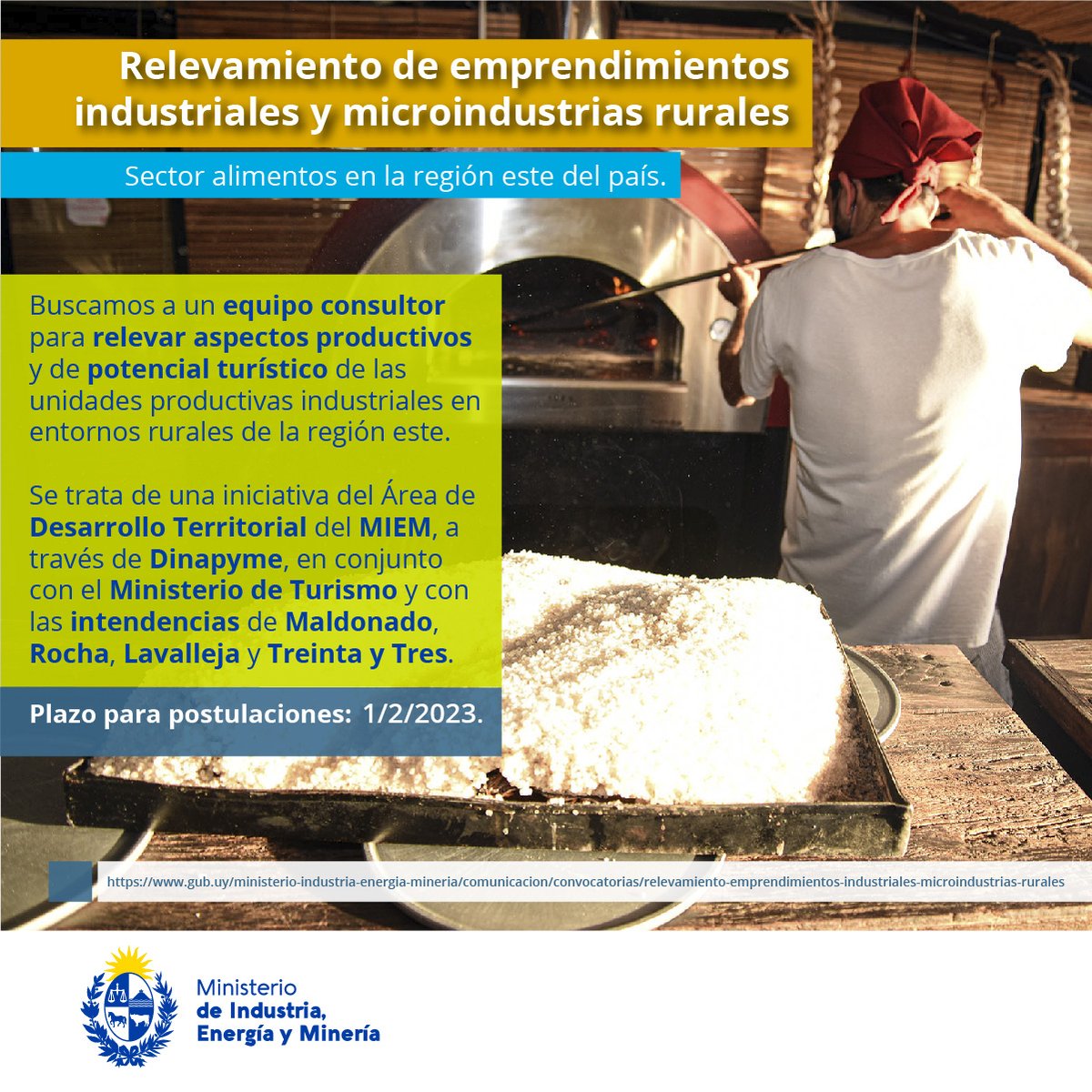 MIEM_Uruguay's tweet photo. 📣 ¡Prorrogamos la convocatoria!
✅Buscamos equipos consultores para relevar aspectos productivos y de potencial turístico de unidades productivas industriales rurales del este.
📆Nueva fecha: 1/2.
➡️Iniciativa del MIEM, @Uruguay_Natural e intendencias.
👉https://t.co/I75HccOlFe https://t.co/enqg8dyK13