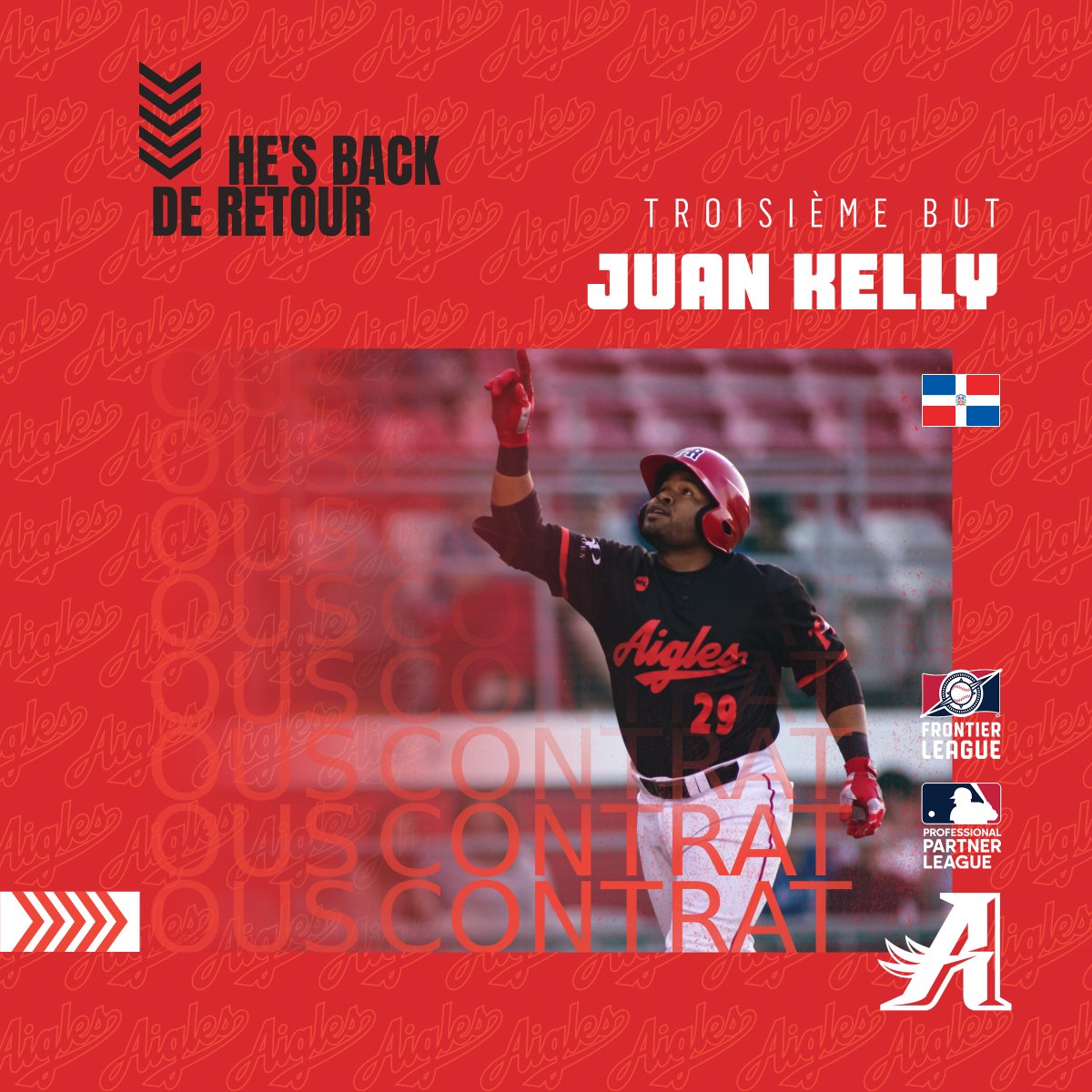 Aigles_TR's tweet photo. 🗞️ Un deuxième joueur étoile de retour en 2023! ⚾

Juan Kelly disputera une troisième saison dans l'uniforme des Aigles! 🦅

Tous les détails ici: https://t.co/dfgG8Vqy7I https://t.co/F1wL9TxR1m