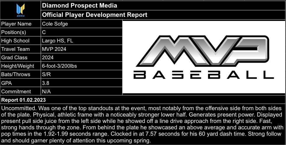 DPMUncommitted's tweet image. Here’s a recent Player Development Report on #Uncommitted 2024 C @csofge05 of @LargoBaseball 
Switch-hitting backstop with an above average arm from behind the plate at the MVP Florida 2023 Summer Tryouts. #DiamondCoverage