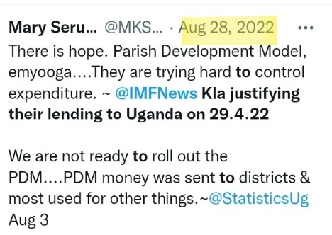 MKSerumaga's tweet photo. Apr 2022: @StatisticsUg say not ready to roll out Parish Development Model bcs money sent to districts for data collection mostly diverted.
Launched in Teso, leaders said not ready.
Aug 2022: @IMFNews justified lending based on PDM.
Audit: 17Bn diverted.
#LeakyBucket https://t.co/Q0Sm1S9V16