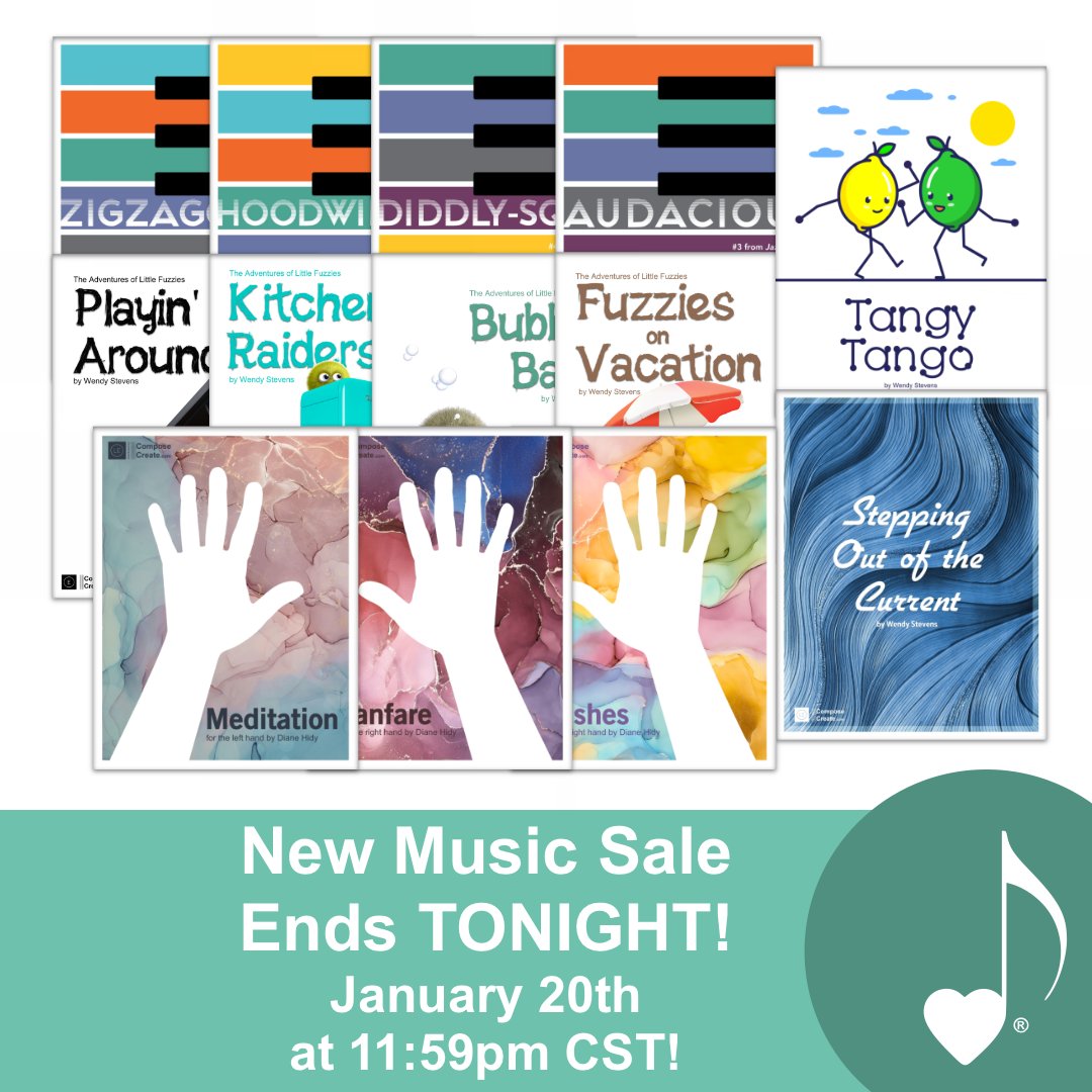 composecreate's tweet image. The sale on all new music released at the January webinar ends tonight, January 20th at 11:59pm CST! One-handed pieces, Jazz Shorts, Little Fuzzies pieces, plus elementary and intermediate level solos! Shop all new discounted music here: composecreate.com/shop/ #mused