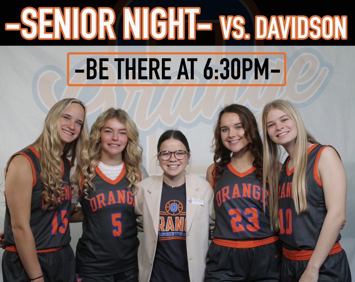 ‼️IT’S GAMEDAY‼️ We will celebrate SENIOR NIGHT tonight against Davidson. JV will start at 5:30pm and the senior celebrations will start at 6:30pm with the varsity game immediately after. Make sure to come out and support our awesome seniors!! 🍊🏀