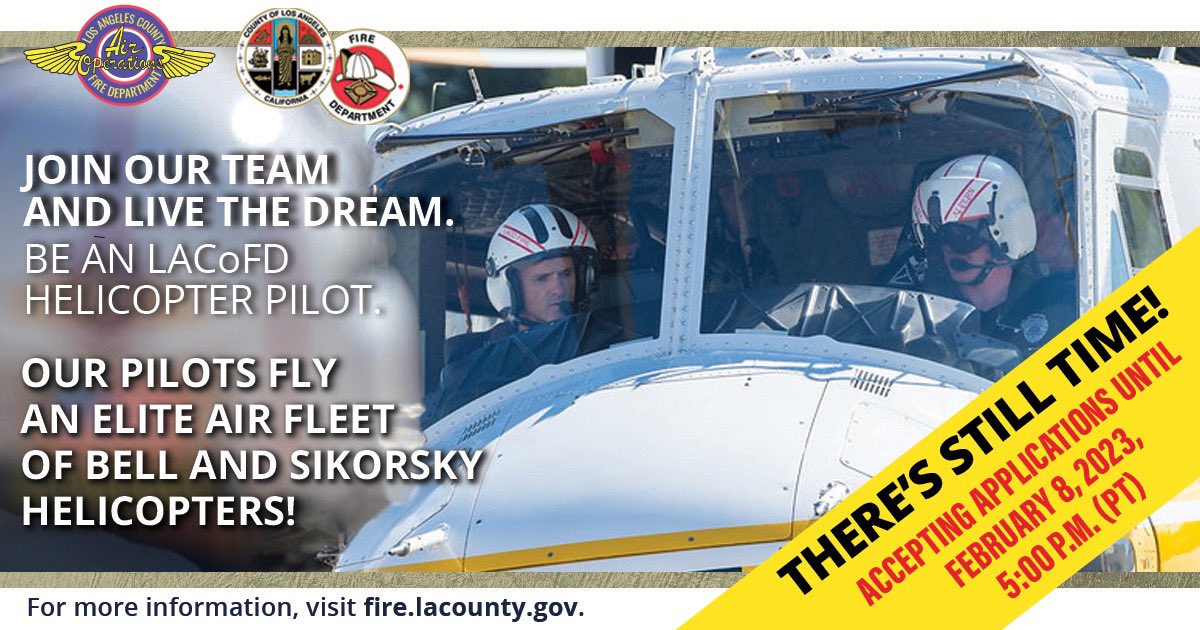 Now’s your chance to be a helicopter pilot w/the #LACoFD Air Ops. team.   Be part of a premier team of highly skilled, exceptional pilots who fly an elite air fleet of Bell and Sikorsky helicopters.   To learn more, visit: 🔗 fire.lacounty.gov/be-a-helicopte…