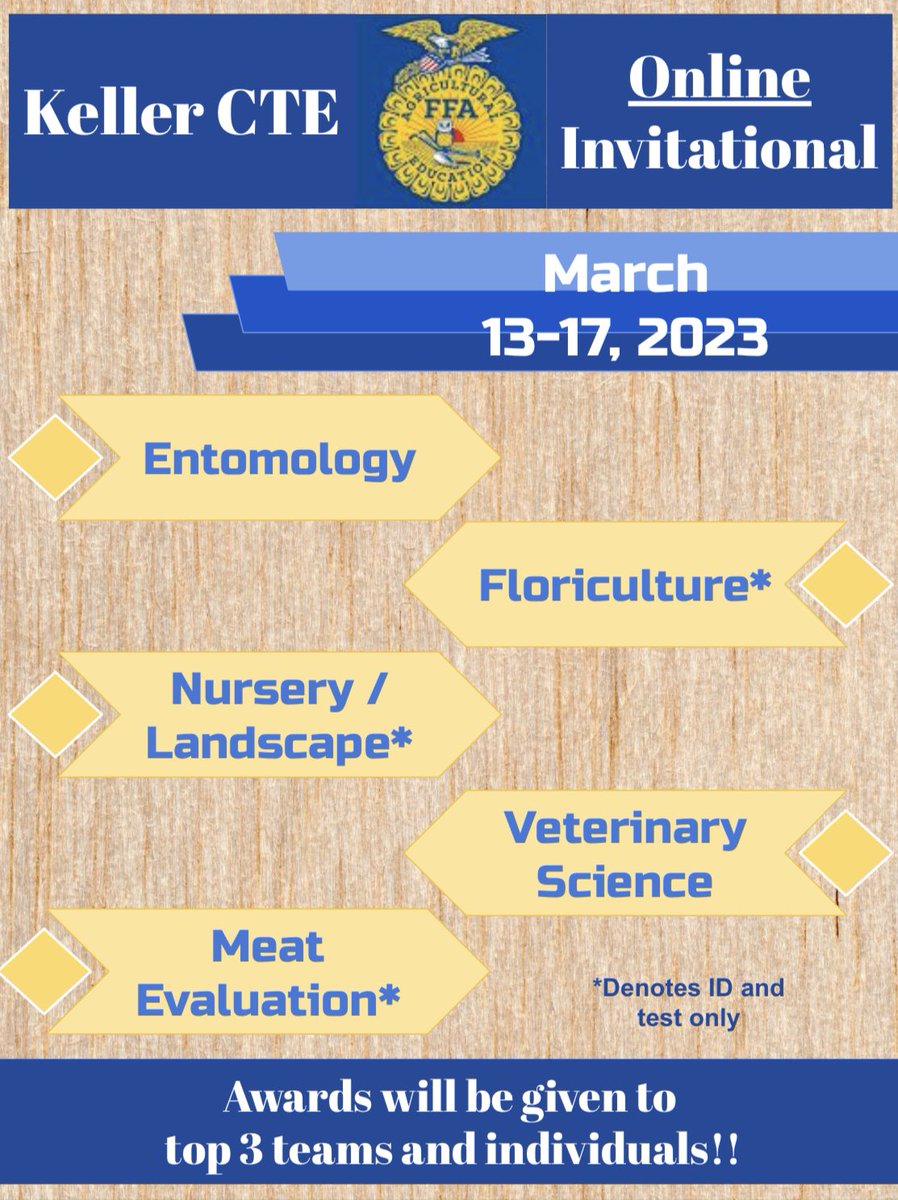 Keller FFA is very excited to annouce we will be hosting our first ever online invitational! 🤩

🐞 Entomology 
🌸 Floriculture*
🪴 Nursery/Landscape*
🩺 Veterinary Science 
🥩 Meat Evaluation*

Register through judging card, closes on March 10th!