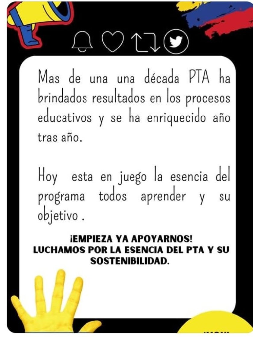 raulavellanedab's tweet photo. #crisisadministrativapta #ptaencrisis @Mineducacion @agaviriau @hbayonar Hay que revisar administrativa del PTA no se puede pensar en desdibujar 10 años de esfuerzo de tutores y formadores.  Exigimos respeto e intervención del ministro para resolver esta urgente situación. https://t.co/B28PdmsKfO