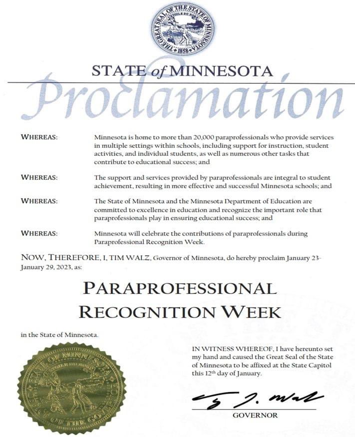 kwpublicschools's tweet image. “Governor Walz has proclaimed next week as Paraprofessional Recognition Week!   Thank you to all our Paraprofessionals for your hard work by going above and beyond every day!”  -Supt. Boysen