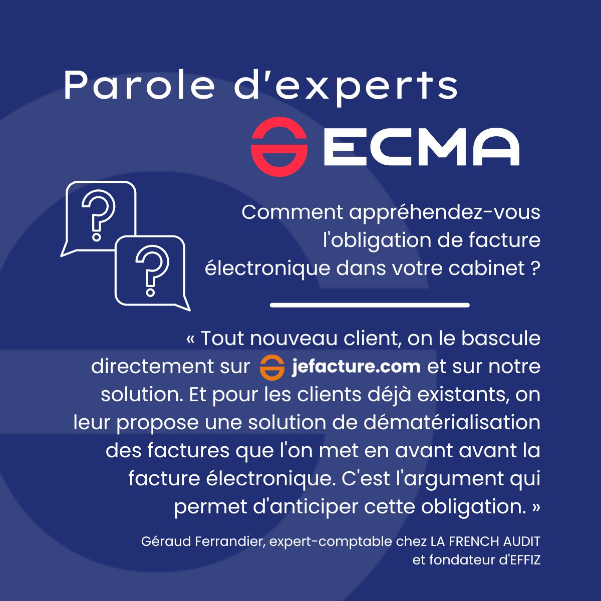 ECMA_news's tweet photo. [#Paroledexperts]

« Comment appréhendez-vous l'obligation de facture électronique dans votre cabinet? »
 
🎤 Géraud Ferrandier, expert-comptable chez LA FRENCH AUDIT et fondateur d'Effiz nous livre sa vision.
 
👉 Découvrez la vidéo : https://t.co/Bwc9ayoFME

#ExpertsComptables https://t.co/33ba8izRYP