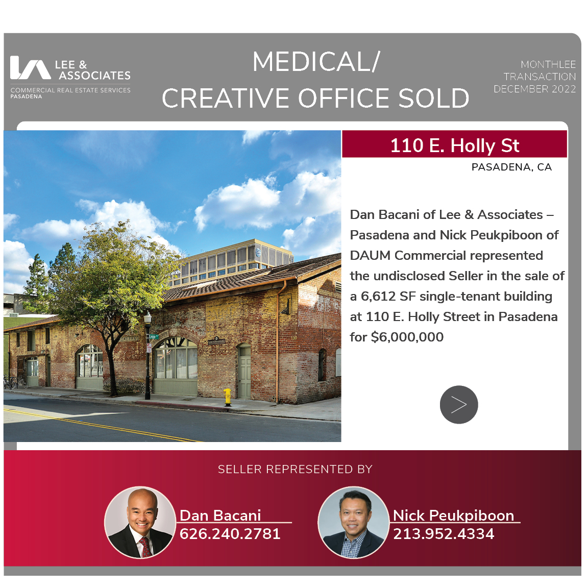 LeePasadena's tweet photo. Check out our MonthLee Transactions for December 2022 from Lee & Associates - Pasadena! View our News Page at https://t.co/9CGjNrjdee for details!
#leepasadena #leeassociates #leecre #cre #commercialrealestate #realestate #closeddeals https://t.co/DsfP1vlEHv