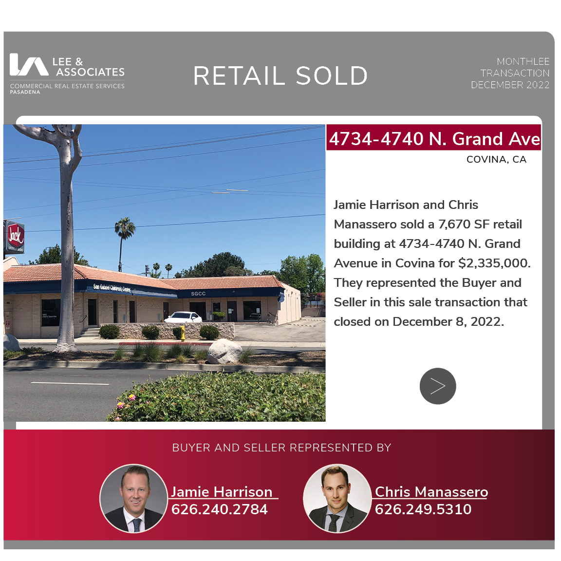 LeePasadena's tweet photo. Check out our MonthLee Transactions for December 2022 from Lee & Associates - Pasadena! View our News Page at https://t.co/9CGjNrjdee for details!
#leepasadena #leeassociates #leecre #cre #commercialrealestate #realestate #closeddeals https://t.co/DsfP1vlEHv