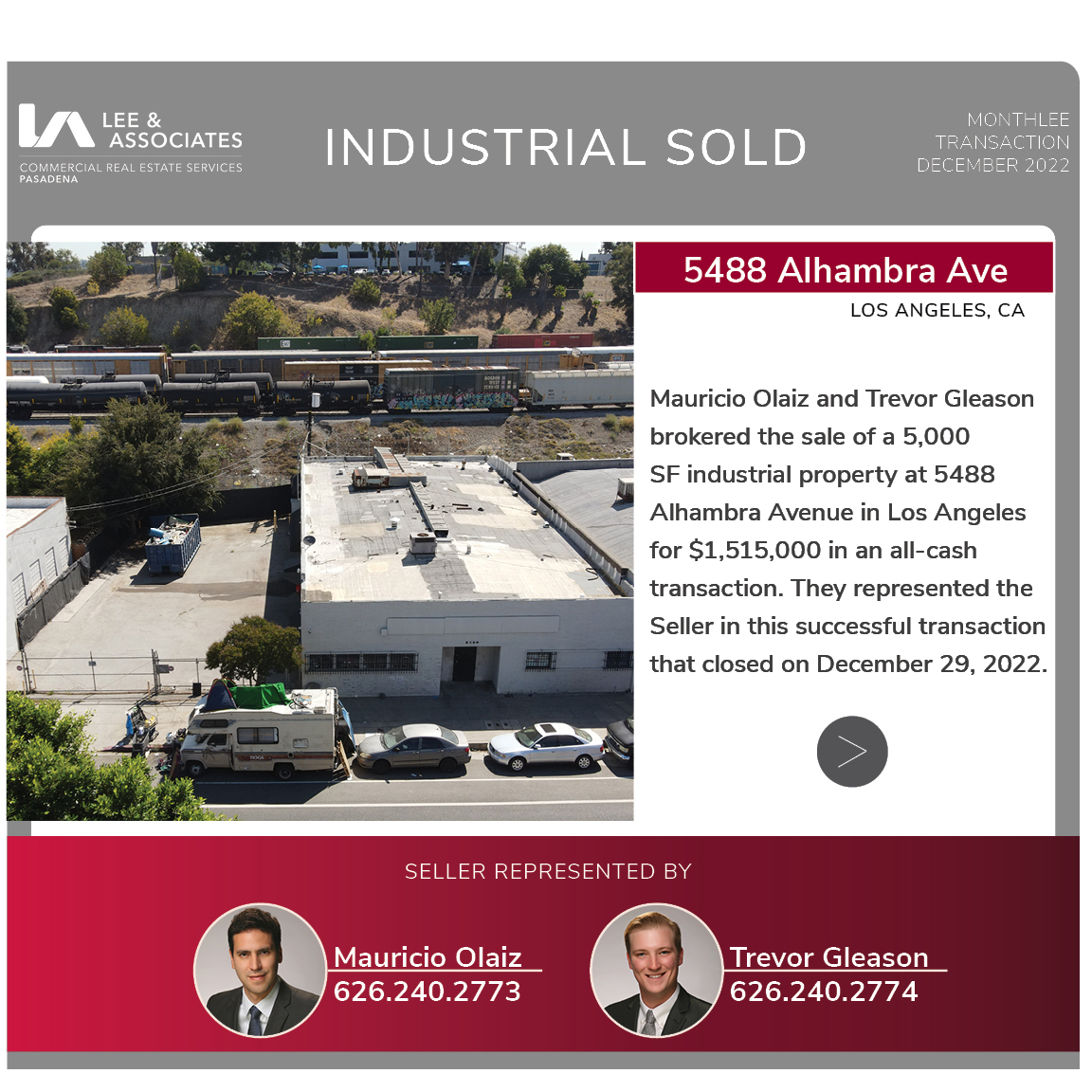LeePasadena's tweet photo. Check out our MonthLee Transactions for December 2022 from Lee & Associates - Pasadena! View our News Page at https://t.co/9CGjNrjdee for details!
#leepasadena #leeassociates #leecre #cre #commercialrealestate #realestate #closeddeals https://t.co/DsfP1vlEHv