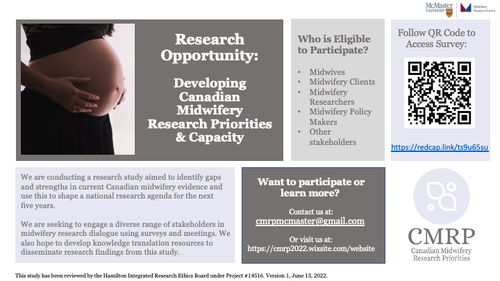 Are you a midwife, midwifery client, student, researcher or passionate where midwifery is going? Please consider our survey redcap.link/ts9u65su. This will help create stakeholder-informed Canadian midwifery research priorities. It's quick! Please share!