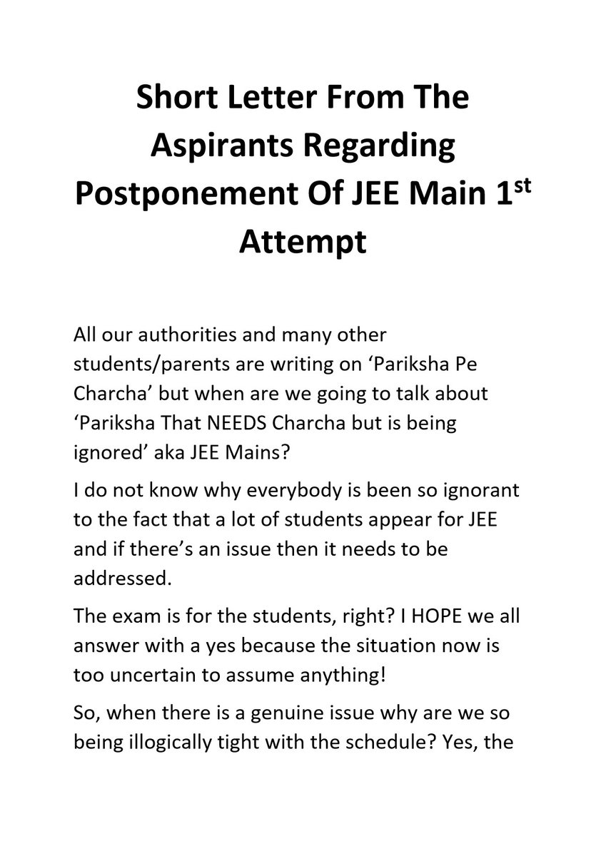 SWA_JEEasp's tweet photo. @EduMinOfIndia
@PMOIndia
@narendramodi
@DG_NTA
@IITGuwahati
@ThePradeepRawat
@anubha1812
@ChauanPayal
@ashishvyas__
@DirectorIITG
@PankajTodabhim
#ModiJiSaveJEE23Students
#postponejeemains2023
#jeemainsinapril
#Jee23ClashingWithBoards
#JEEAfterBoards
Letter From JEE Aspirants https://t.co/NY318WWxDY