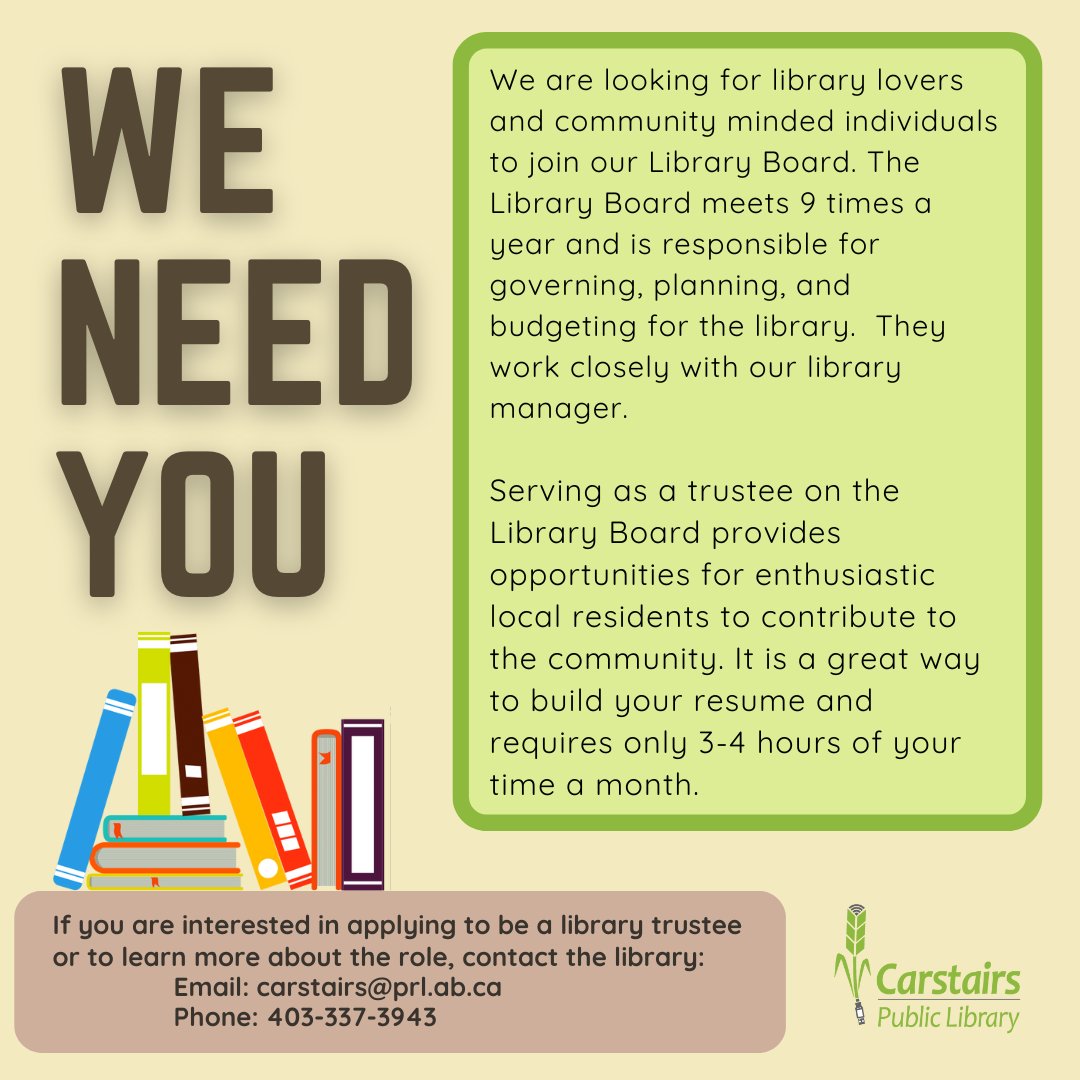 Carstairs Library is searching for Board Members. Contact the library if you are interested in being a part of the Library Board.