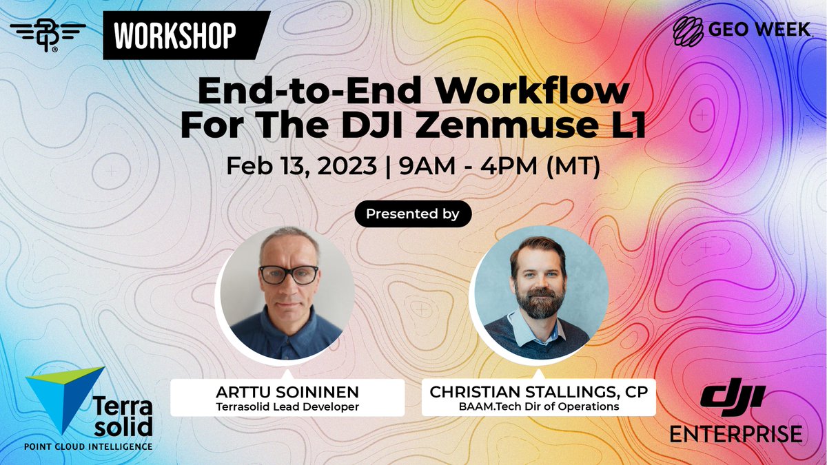 baam_tech's tweet photo. Have you signed up for our GeoWeek webinar "End-to-End Workflow for the DJI Zenmuse L1"? Join Terrasolid's Arttu Soininen and https://t.co/dkI3FaPn2j's Christian Stallings, in a workshop leveraging Terrasolid's suite and the DJI Zenmuse L1. 
Register now: https://t.co/yqjLapjNKQ https://t.co/FGlsVF6XIZ