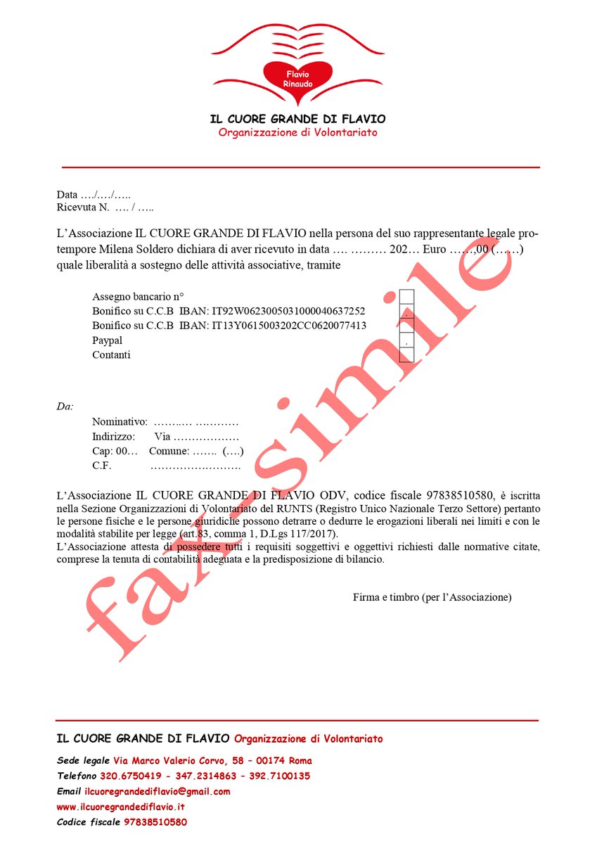 ilcuoregrandedi's tweet photo. Stiamo emettendo le ricevute delle donazioni ricevute nel 2022 per le deduzioni/detrazioni d'imposta.
Chi non l'avesse ricevuta, se la desidera, può scrivere a ilcuoregrandediflavio@gmail.com indicando il nominativo del donatore, l'indirizzo completo di cap ed il codice fiscale. https://t.co/2f073stXzM