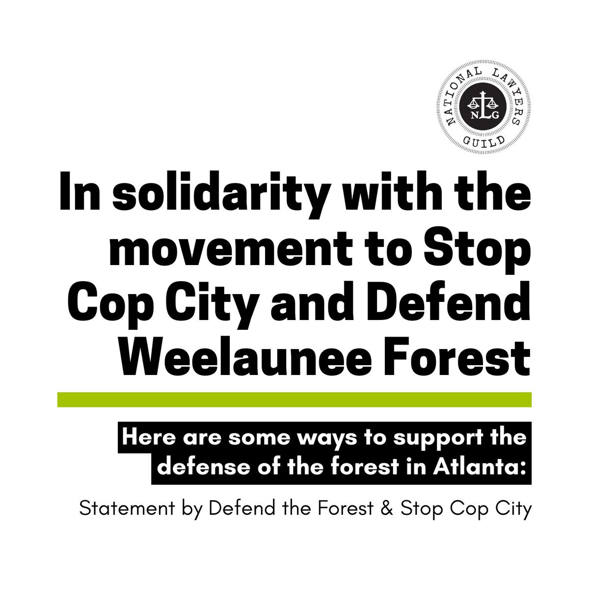NLGnews's tweet photo. NLG is in solidarity with the movement to #StopCopCity and defend Weelaunee Forest.

Here are some ways to support the defense of the forest:

Donate to @ATLSolFund at: https://t.co/7IotLQlX3d https://t.co/L8Lg1DzZZE