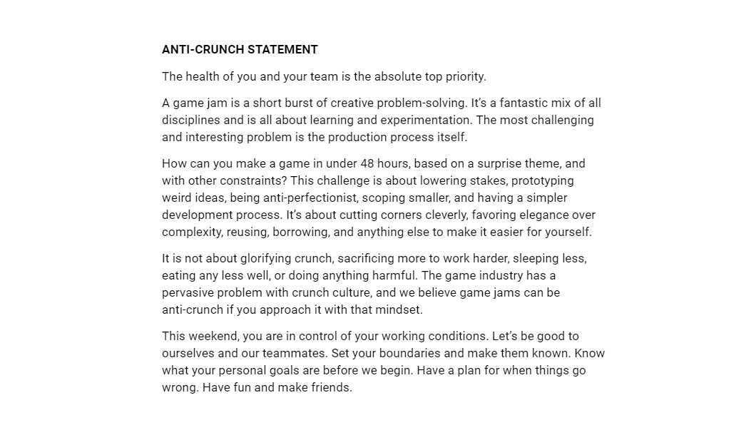 We're hosting another @GlobalGameJam online game jam, February 3rd - 5th, in our Discord server and virtual office space. 

Join the only game jam (that we know of) that has an explicit anti-crunch stance! 

(direct link for registration / info in the next tweet) #GGJ23