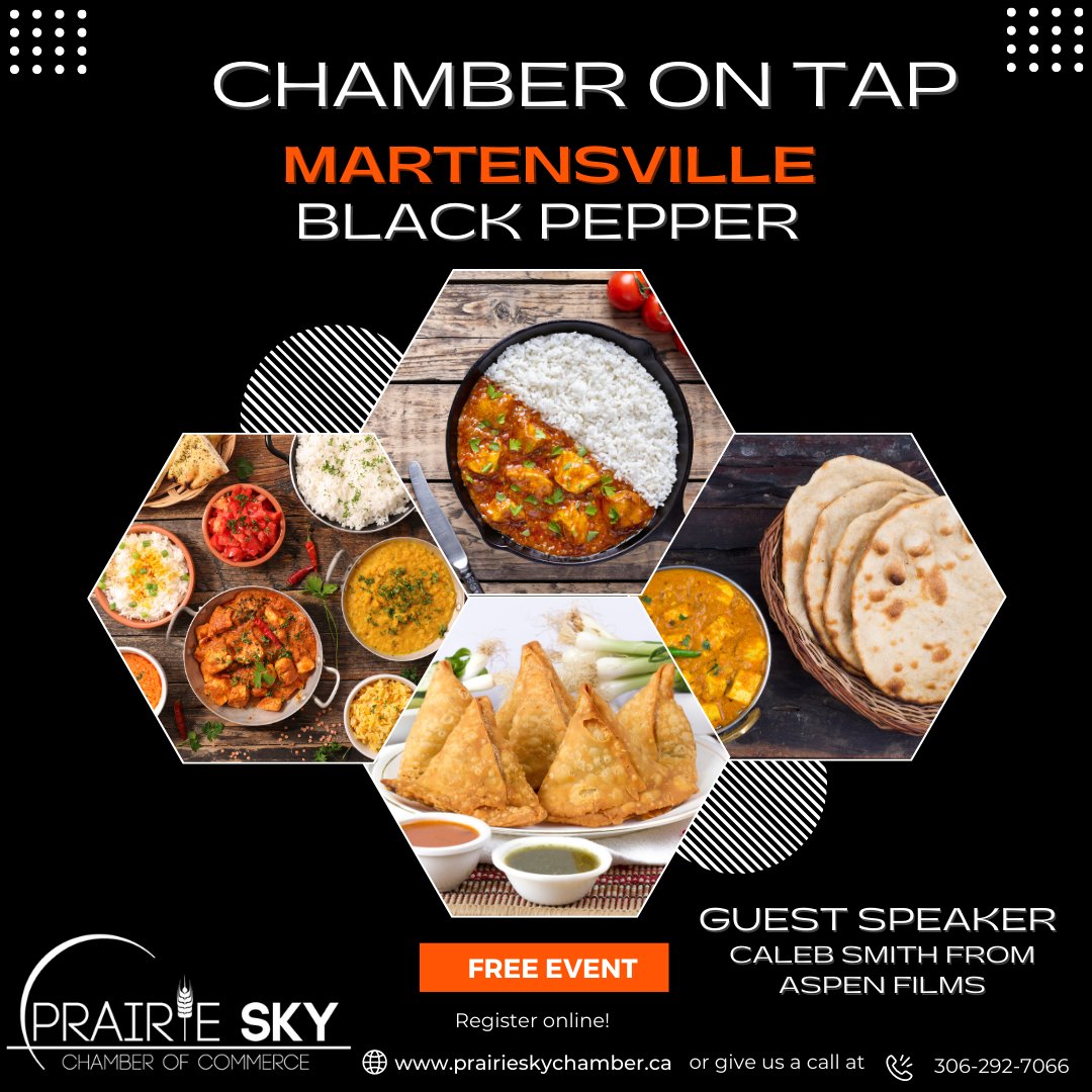 PrairieSkyCC's tweet photo. Join us at the Black Pepper Restaurant, Martensville on January 25th for our monthly Chamber on Tap event! Guest speaker Caleb Smith from Aspen Films. Moderator Jaycee Turtle. 

This event is ⭐FREE⭐

Come enjoy a night of great food with a fantastic guest speaker! https://t.co/sUKBN5KXrx