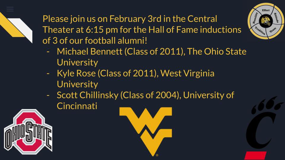 Feel free to join us on Friday, February 3rd for the Hall of Fame induction ceremony, which includes 3 football alumni! The ceremony begins at 6:15 pm and is followed by a boys’ home basketball game vs Fairmont!

#HEATT #MoC