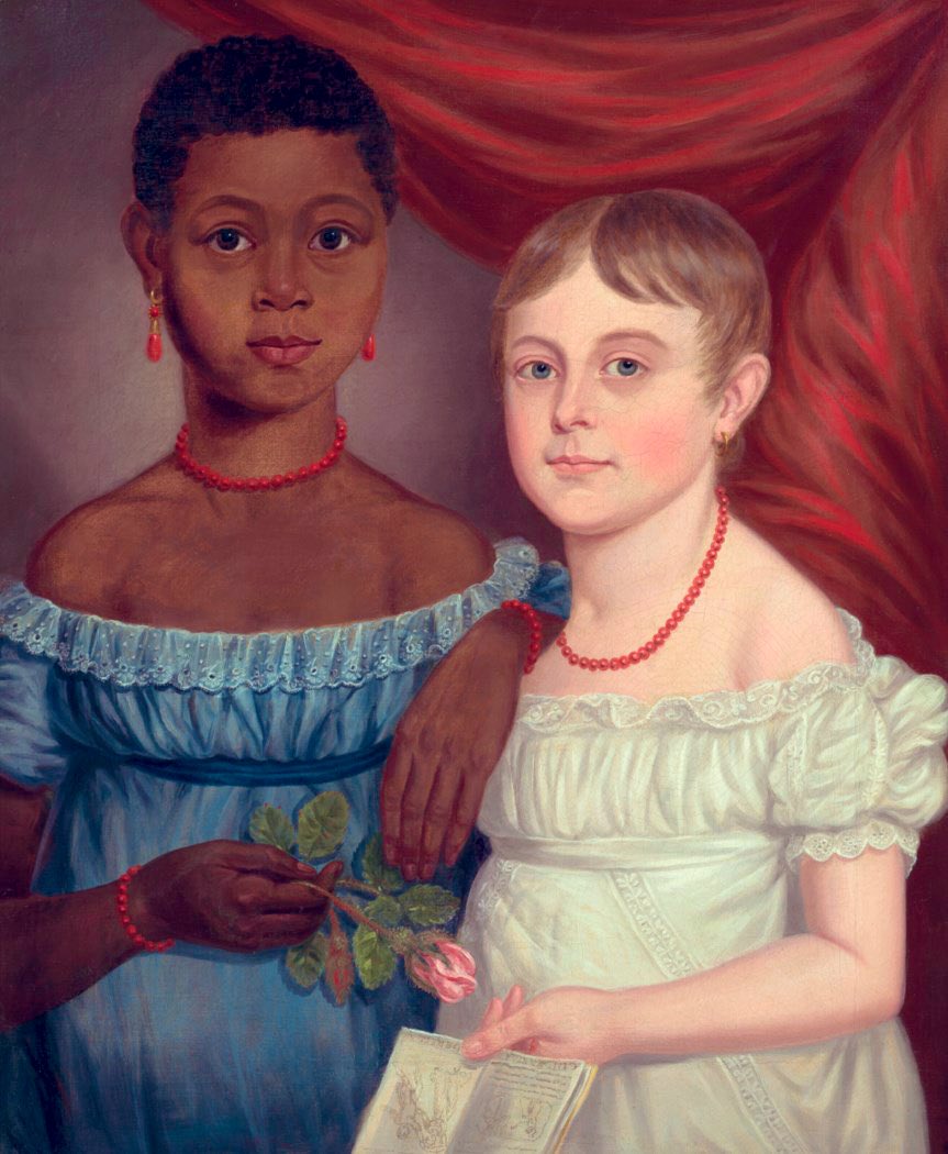 Excited to have just acquired this in States. It is an extraordinarily rare expression of interracial attachment in formal portraiture for the period (American School c.1820). Younger sister(?) holds a copy of Cinderella (symbolic?). Identities &amp; artist are presently a mystery..