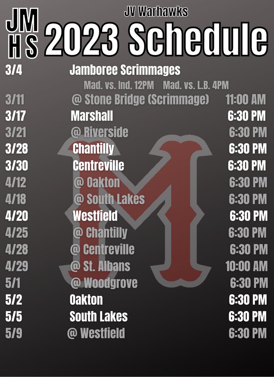 One month from today.....Madison Warhawk Basseball 2023 Varsity and JV Schedules!! 
#RR
#WTLG23