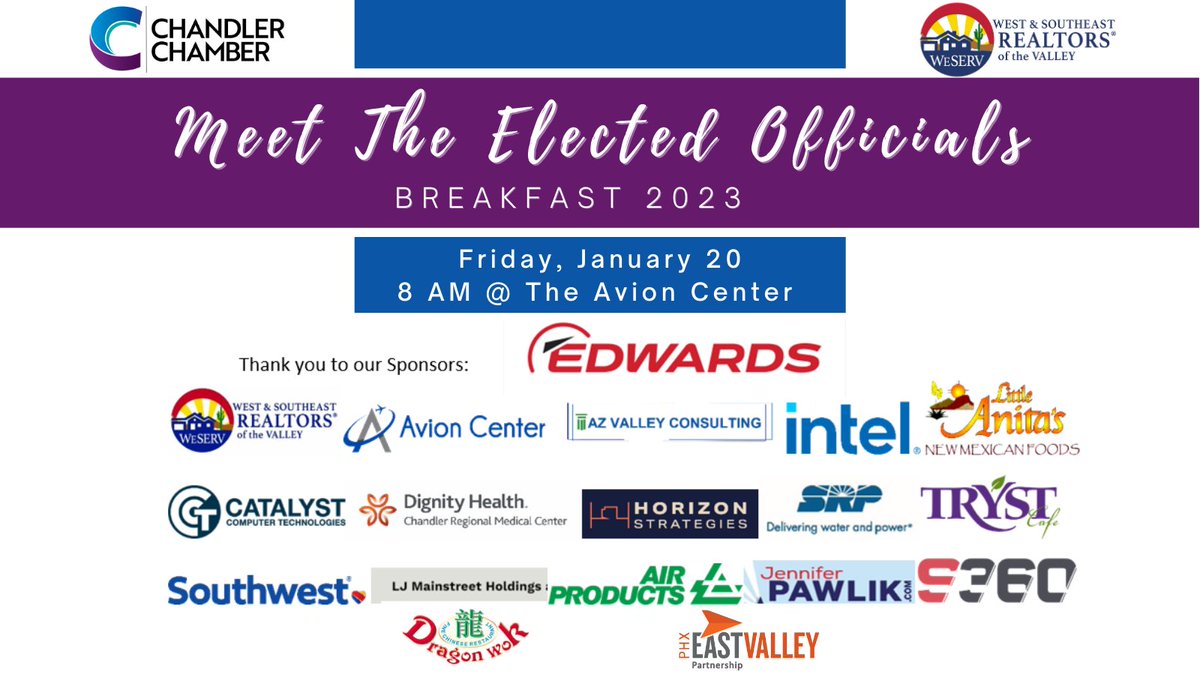 Meet the Elected Officials event today is due to our INCREDIBLE sponsors, we appreciate you! Many thanks! 😊👏🏼 #meettheelecteds #chandlerchamber #businesstrong #memberdriven