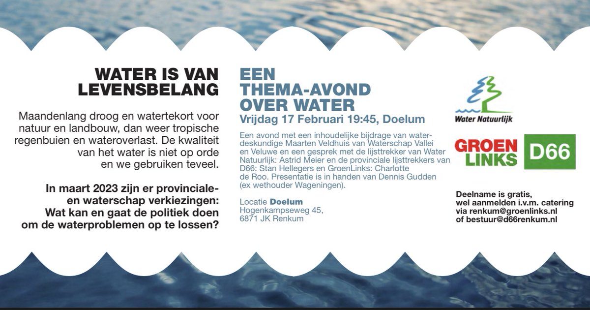 Een thema-avond over #water, in het teken van de Gelderse provinciale en waterschapsverkiezingen. Ik mag vertellen over het Veluwse #watersysteem, uitdagingen en oplossingen. Ingezoomd op de Veluwezoom. 17 feb in Renkum. <a href="/d66/">D66</a> <a href="/groenlinks/">GroenLinks</a> <a href="/WaterNatuurlijk/">Water Natuurlijk</a>