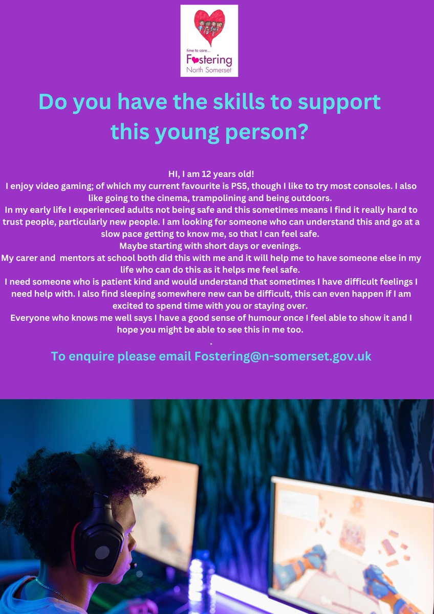 FosteringNS's tweet image. COULD YOU HELP⁉️
A specific young person in need of some care and support. Do you have the time and skills to give and make a difference?

Get in touch to find out more- Email Fostering@n-somerset.gov.uk