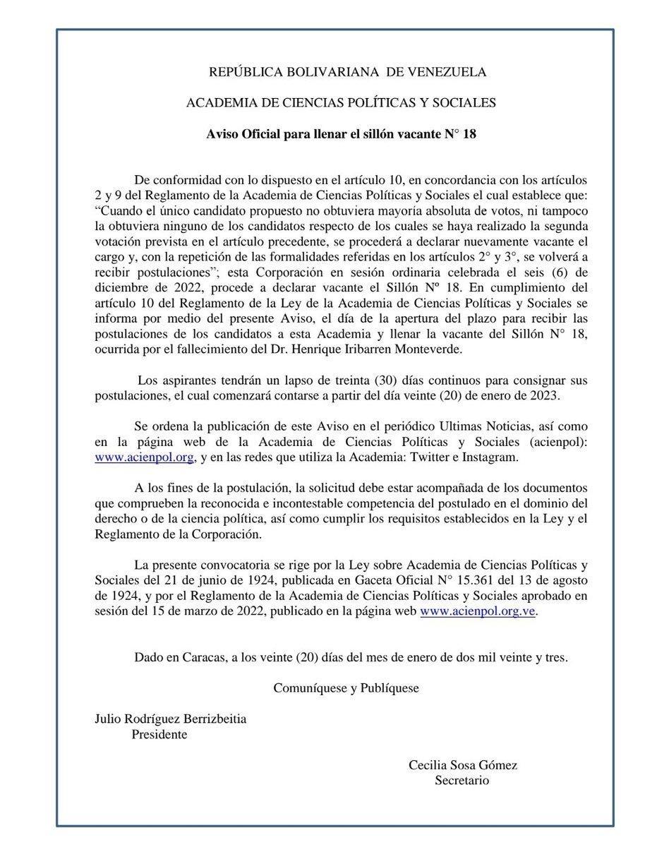 acienpol's tweet photo. @acienpol . Aviso Oficial para llenar la vacante del Sillón N° 18. https://t.co/H7tWwkNlkS https://t.co/XkXeiahQ4l