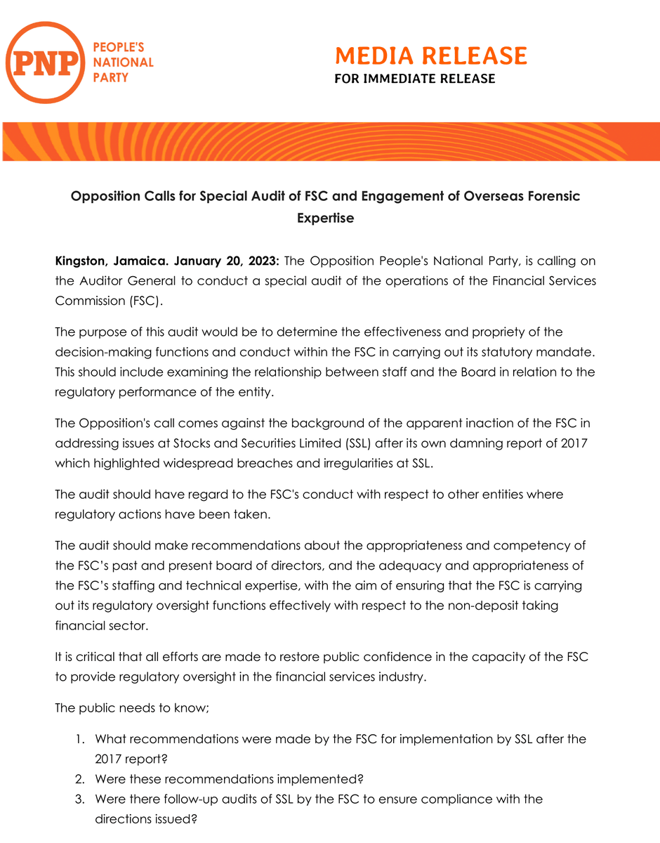 JamaicaPNP's tweet photo. The Opposition People's National Party, is calling on the Auditor General to conduct a special audit of the operations of the Financial Services Commission (FSC). https://t.co/D0o0OKZYcX