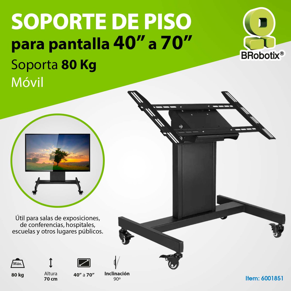 Nuevo Soporte de piso, móvil #BRobotix 💯🔥 Con estructura firme y base móvil, de gran utilidad para hospitales, salas de exposiciones, de conferencias, escuelas y otros lugares públicos ✅
Altura compacta de 70 cm, con gran soporte de peso de hasta 80 Kg 🔥
#SomosSoluciones