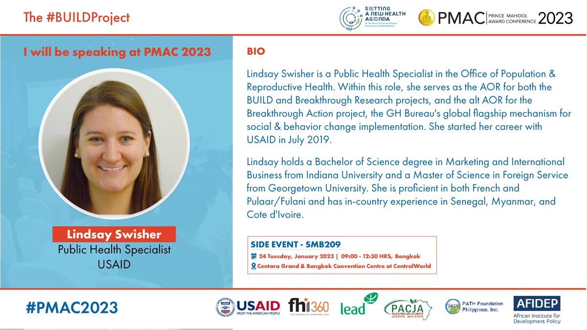 Afidep's tweet photo. 📢Meet Lindsay Swisher from @USAIDGH at #PMAC 2023.
Catch up with Lindsay at the #BUILDProject session on how #PEDAction can boost progress towards #development outcomes.
🗓️January 24, 2023
⏳09:00 a.m. – 12:30 p.m. BKK
🏛️Lotus Suite 10
Details 👉 https://t.co/Q8jiocEwrN https://t.co/jH8PbqZ5iX