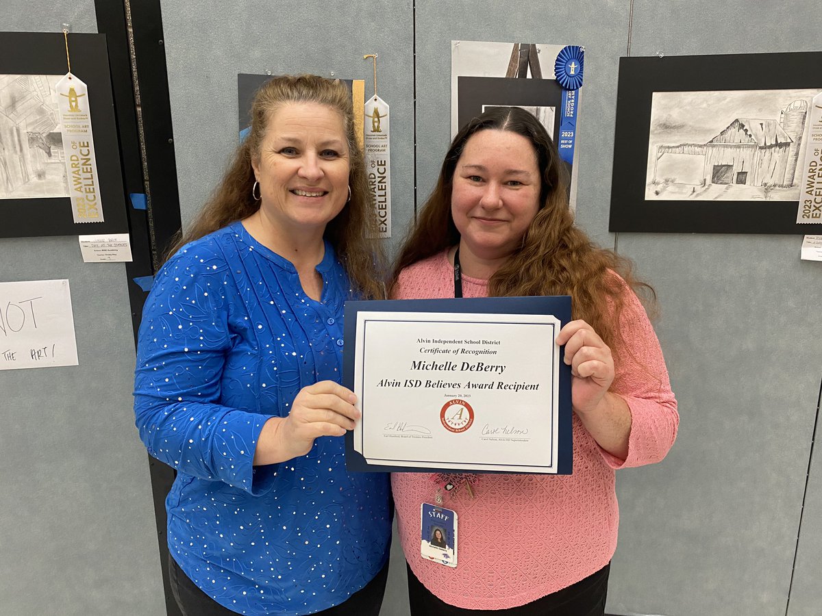 Congratulations Alvin ISD Believes Award recipient Michelle Deberry. This award is designed to recognize individuals living out Alvin ISD’s Core Beliefs