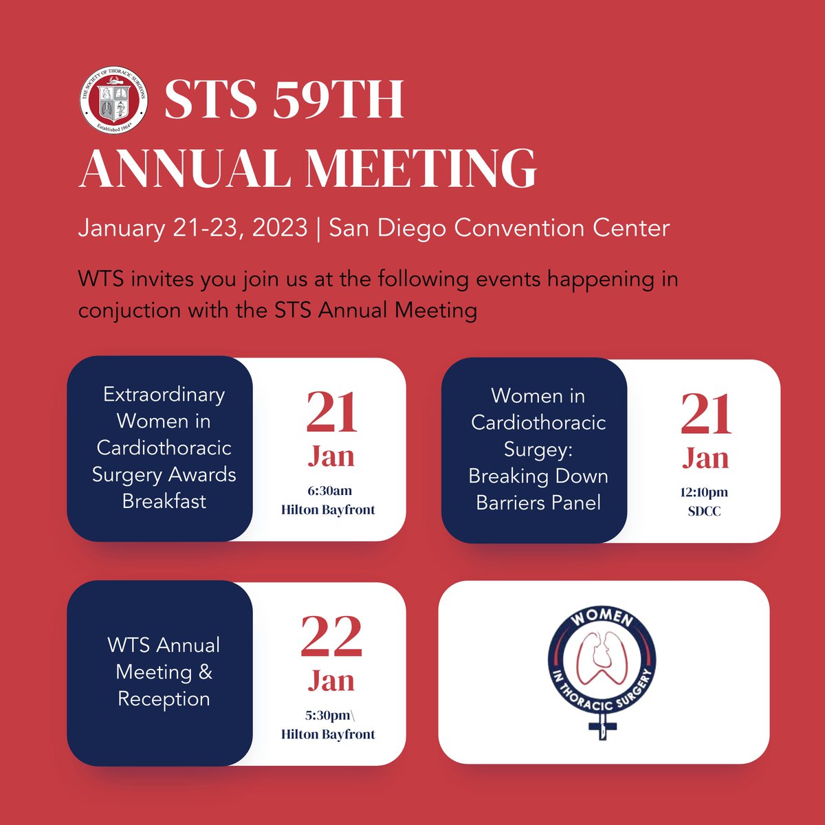 .@STS_CTsurgery’s 59th Annual Meeting starts tomorrow! Register now: sts.org/meetings/calen… Please also join us for the specific events listed below! #WTS Members, we look forward to our Reception and Annual Meeting on 1/22 at 5:30pm, Hilton San Diego Bayfront! #WTS #STS
