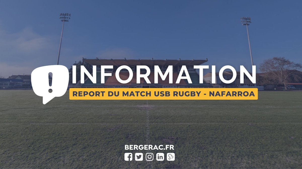 🏈⚠ Suite au récent épisode neigeux, un arrêté municipal interdisant la pratique du sport sur les terrains en herbe de la Ville de #Bergerac entraine le report ou l'annulation de nombreuses animations sportives.
➡️<a href="/RugbyUsb/">𝙐𝙎𝘽 𝙍𝙐𝙂𝘽𝙔 🏉</a>🆚Nafarroa est reporté à une date ultérieure !
