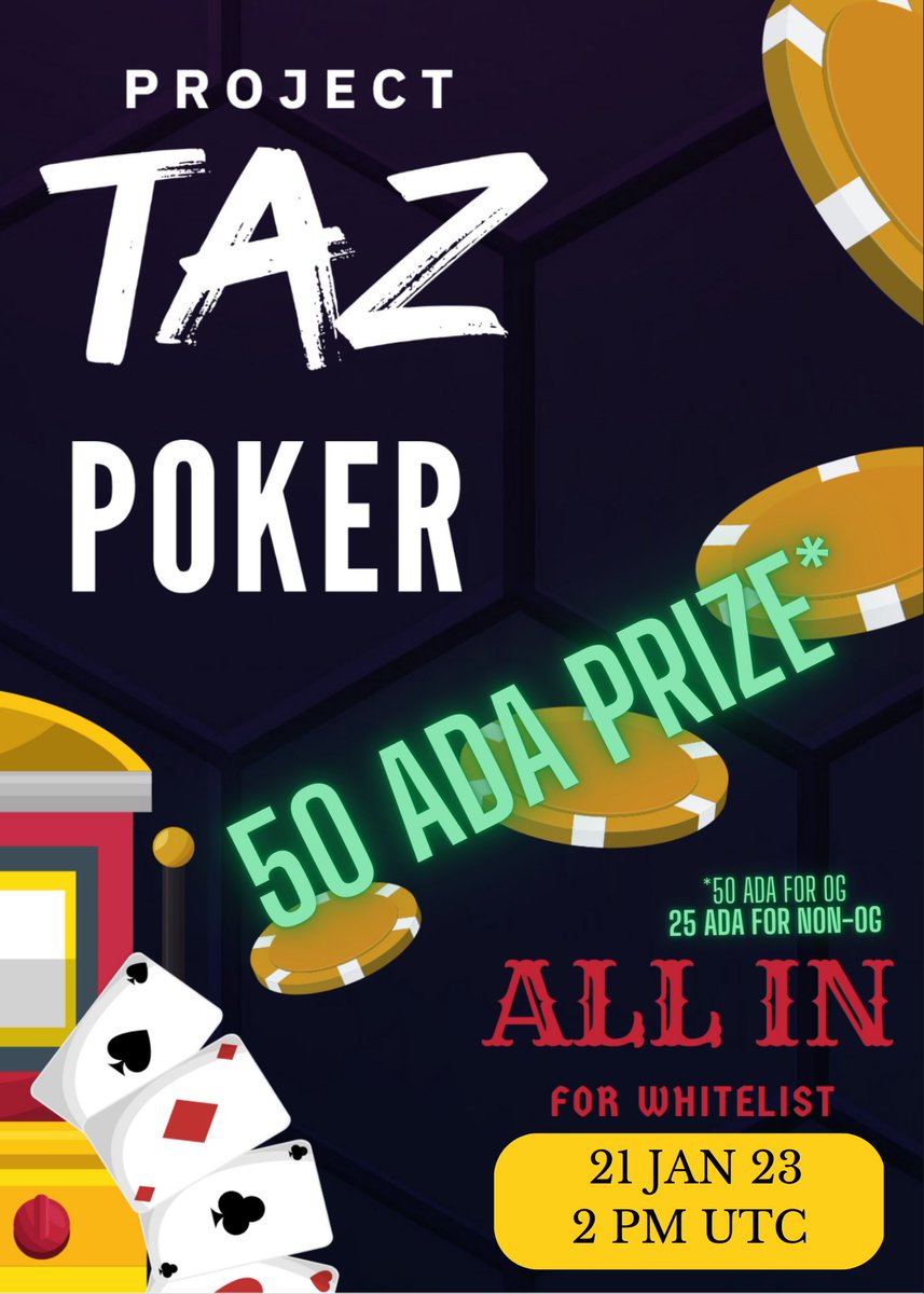 TazmanianNFT's tweet photo. Saturday Poker !
21 JAN 23 / 2 PM UTC
50 ADA prize up for grab
Link in discord
join us https://t.co/HSQrXBNR4m
#Poker #WLgiveaways #NFTProject #ProjectTAZ #CNFT #Cardano #WLGiveaway #NFT #CNFTcommunity https://t.co/Yn5kgWrwT3