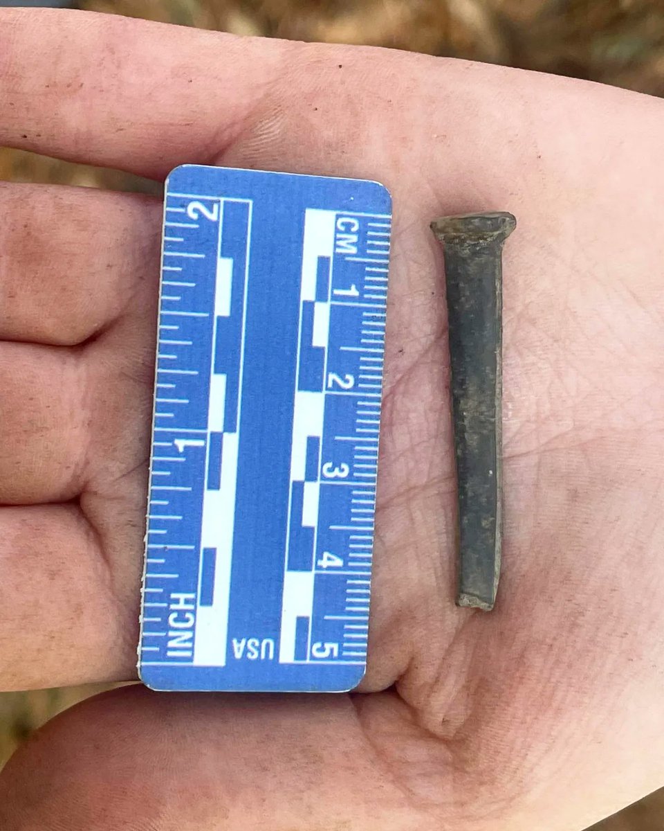 CampLawtonGSU's tweet photo. First nail of the season! A machine cut nail came out of Whitley, Sierra &amp; Ted's transect this morning. 
#clap2023 #uscivilwar #archaeology #fieldwork #conflictarchaeology #gsu #civilwararchaeology #GSUfieldschool #historicalarchaeology #archaeologyfieldwork #updatesfromthefield https://t.co/jUBnGCAfTx