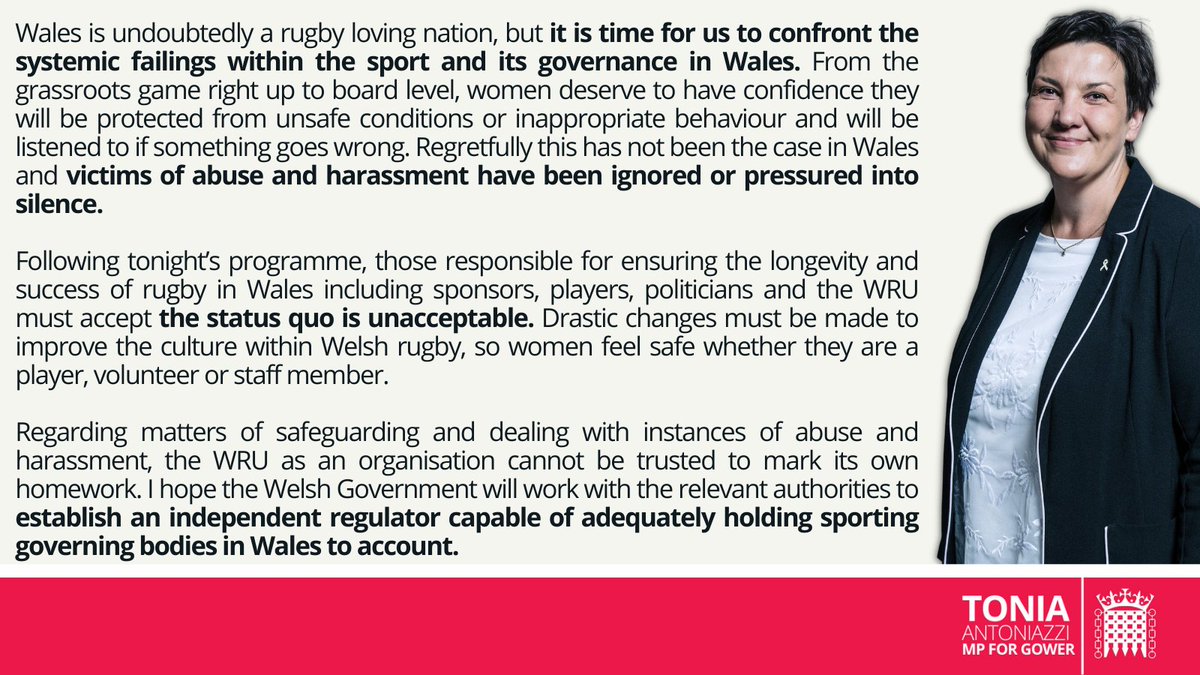 Tonight at 8 pm, BBC One will air “BBC Wales Investigates: Welsh Rugby Under the Spotlight” investigating claims of sexism, bullying and sexual harassment at the Welsh Rugby Union. Here is my statement ahead of tonight’s programme.
