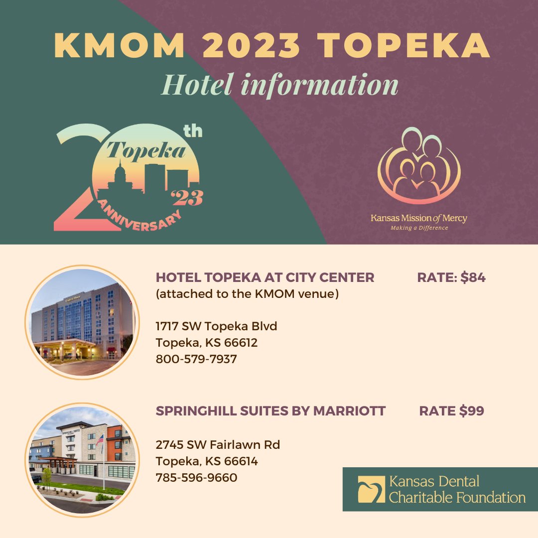 KSDentalFound's tweet photo. KMOM Volunteers! Here is hotel information if you are coming from outside the Topeka area!
#KMOM #KDCF #volunteerwork #dental https://t.co/WD4CLgb2Yu