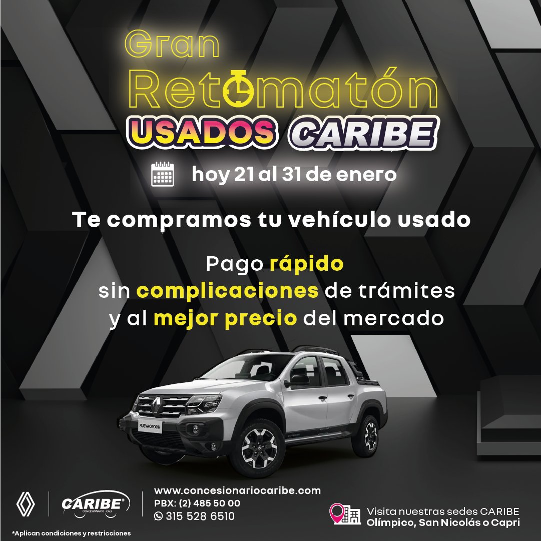 CaribeRenault's tweet image. Gran retomatón de vehículos usados desde el 21 al 31 de enero 
Te compramos tu vehículo usado
Pago rápido
sin complicaciones de trámites y al mejor precio del mercado

Web: ow.ly/wNPi50KMRi8
PBX: 485 50 00
WhatsApp: 315 528 65

#CaliCo #Multimarca #BUGAVALLE #enero #jamundí
